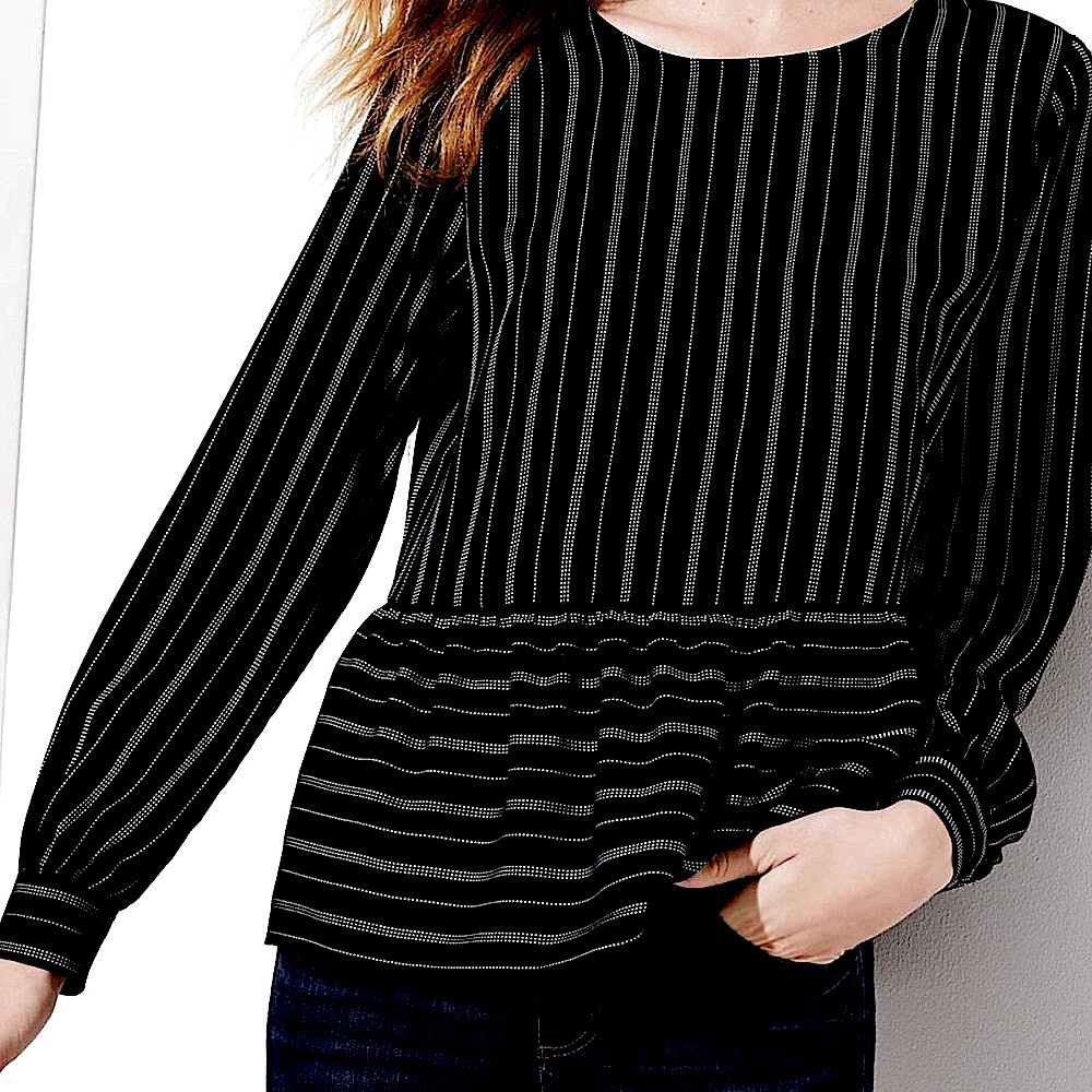 LOFT Black and White Striped Peplum Top, Buttons in back, Petite Small